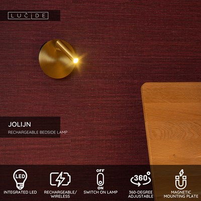 Lucide JOLIJN - Rechargeable Bedside lamp / Wall light - Battery pack - Ø 10,2 cm - LED - 1x2W 3000K - Magnetic - Matt Gold / Brass